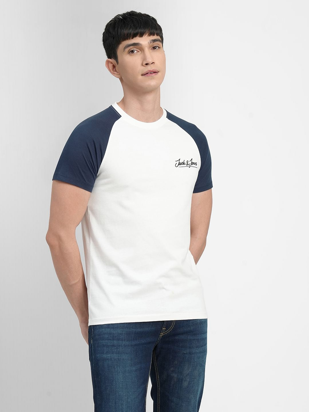 White Colourblocked Crew Neck T-shirt