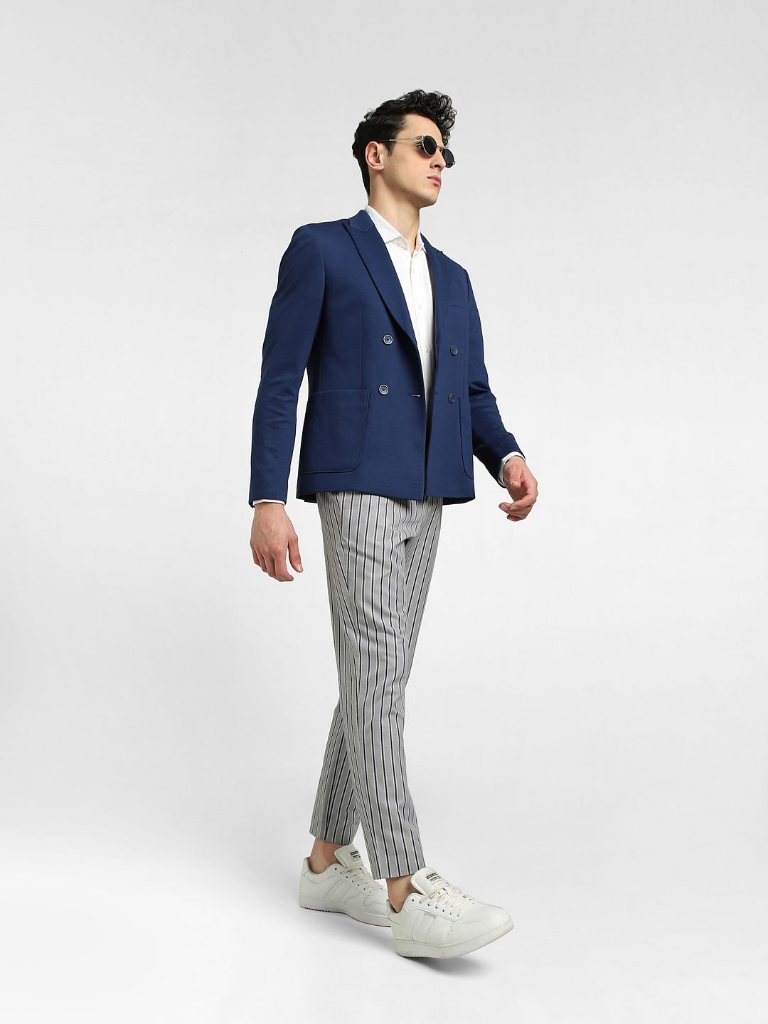 Grey Mid Rise Striped Pants