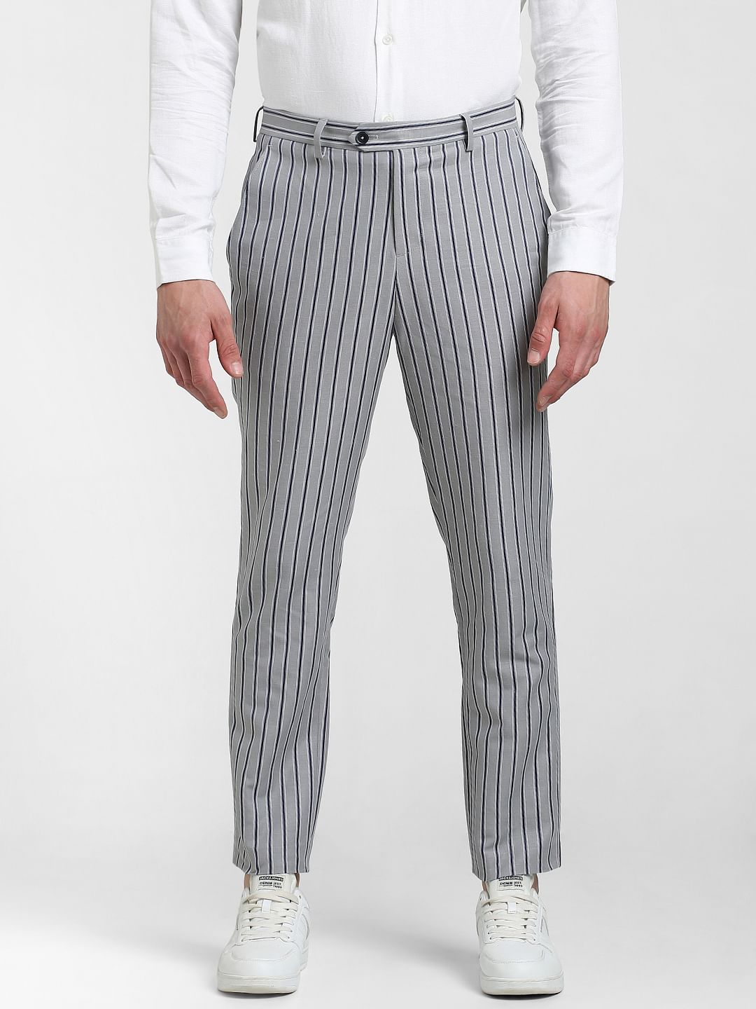 Grey Mid Rise Striped Pants