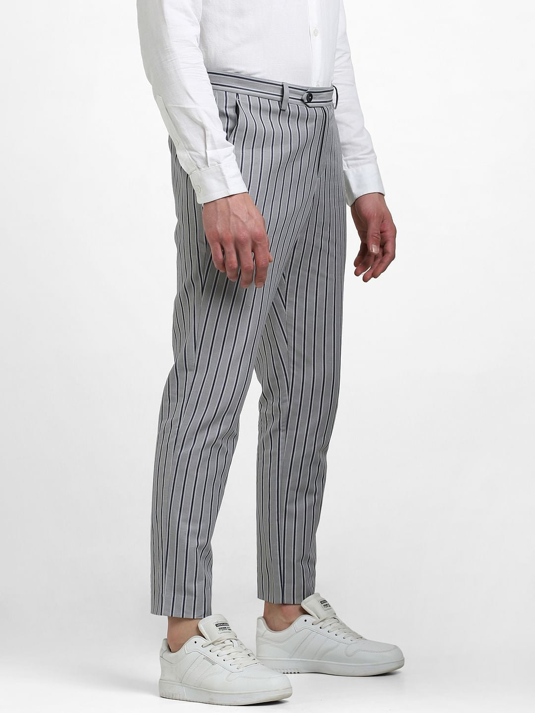 Grey Mid Rise Striped Pants