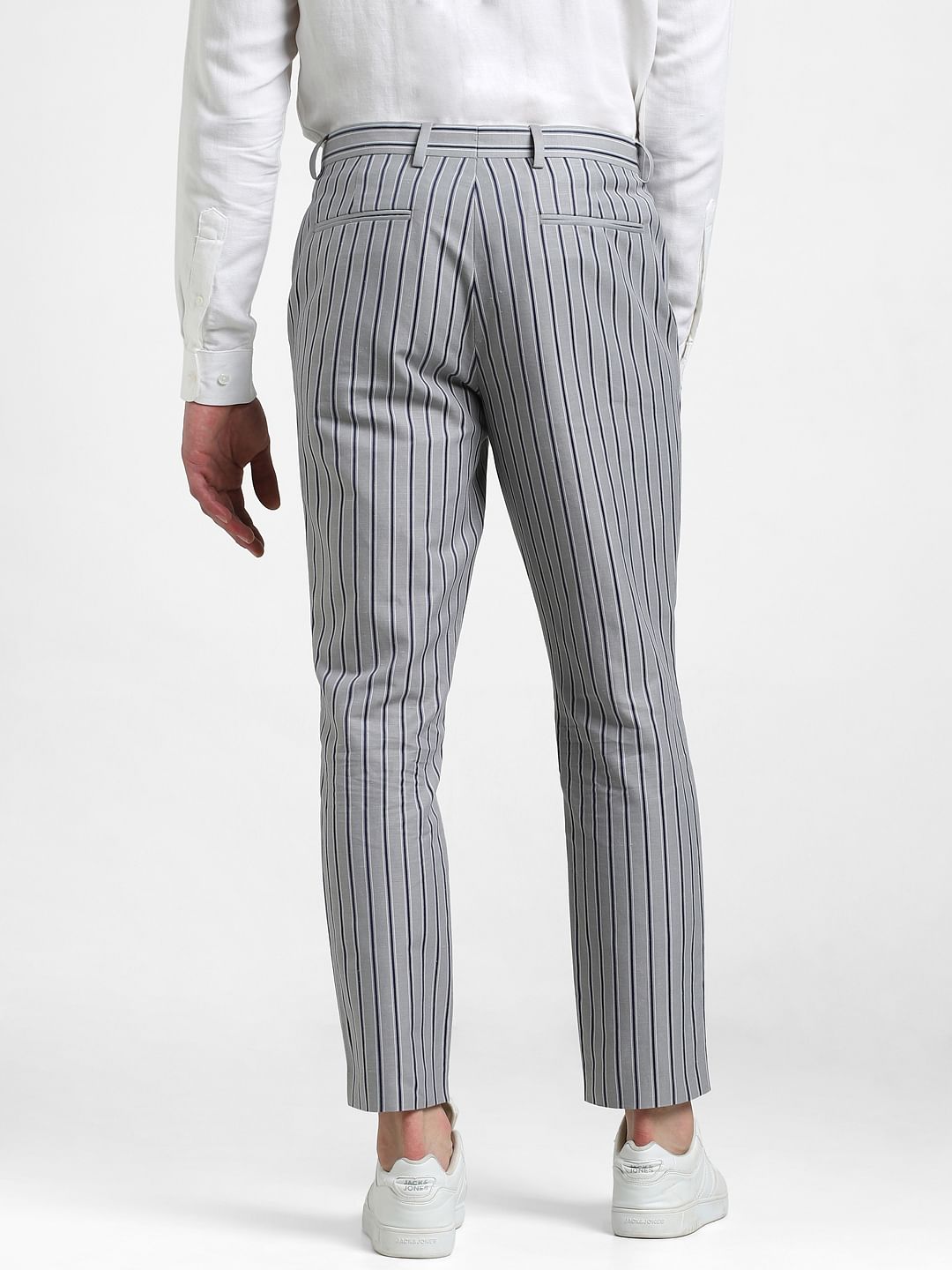 Grey Mid Rise Striped Pants