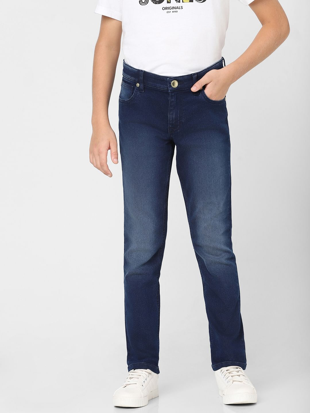 Boys Dark Blue Mid Rise Slim Fit Jeans