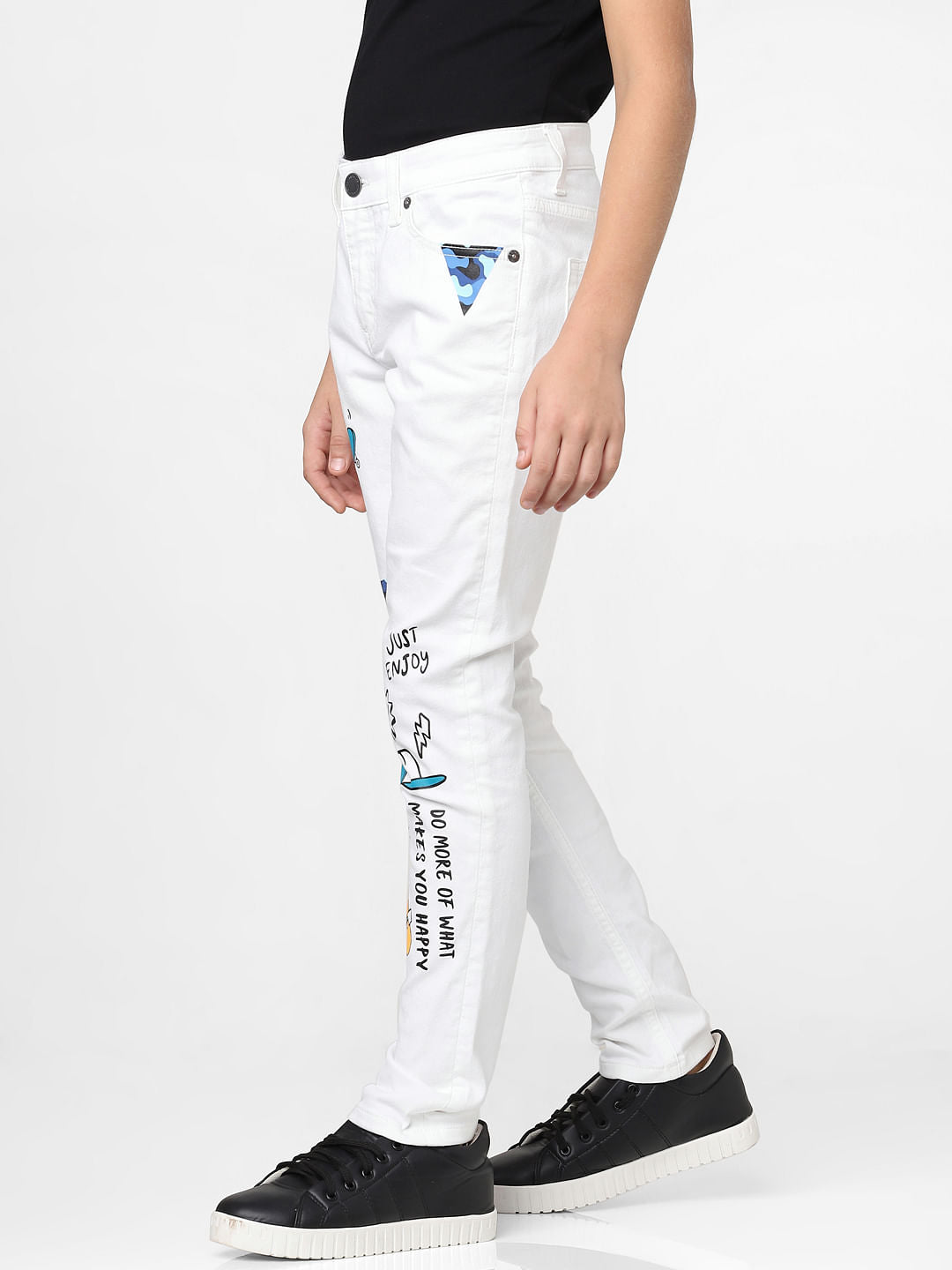 Boys White Mid Rise Printed Slim Fit Jeans