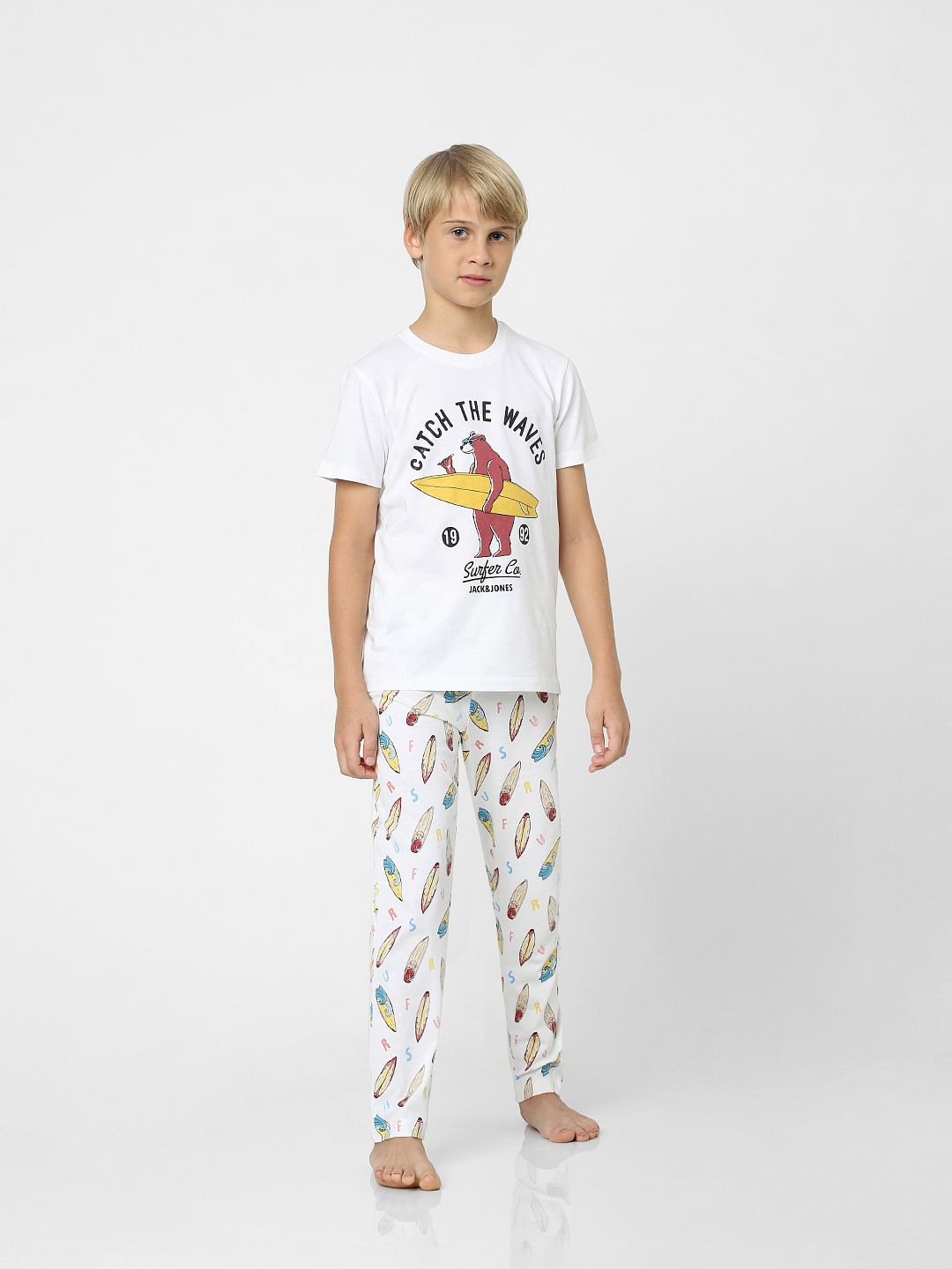 Boys White T-shirt & Pyjama Night-Suit Set