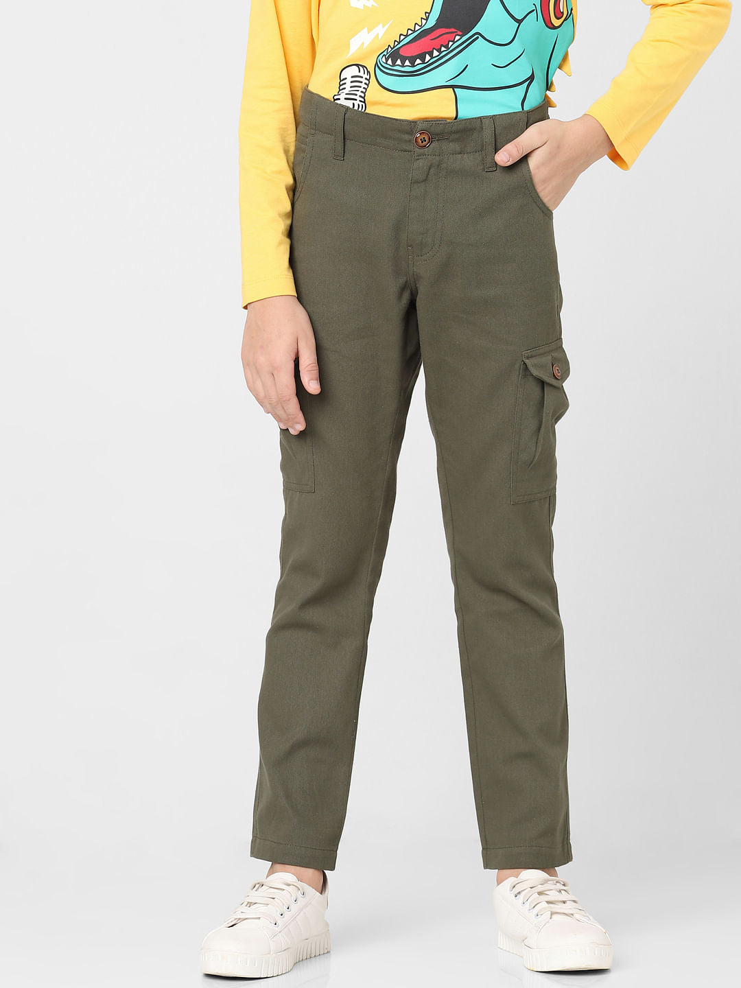 Boys Green Mid Rise Cargo Pants