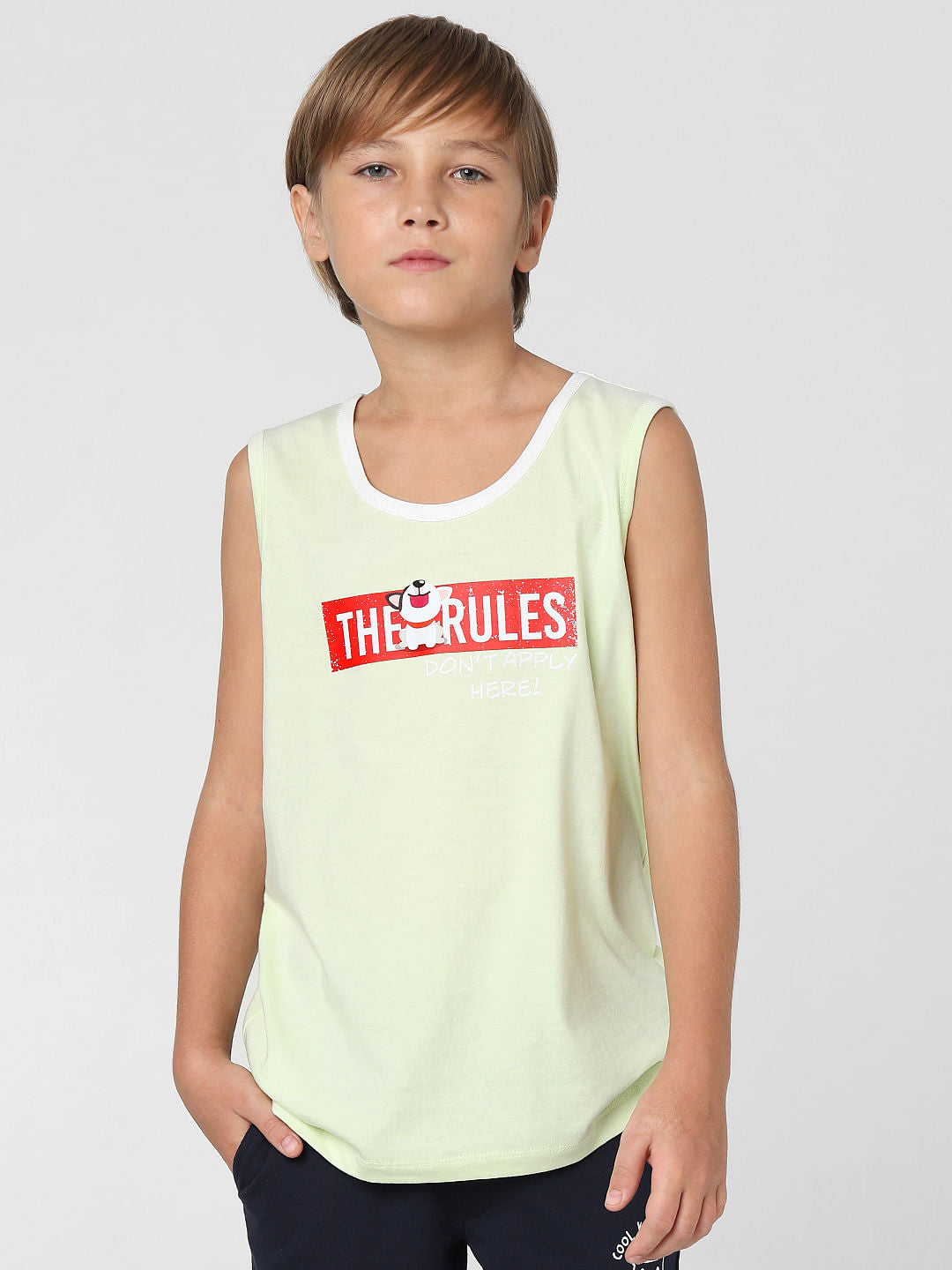 Boys Green Printed Sleeveless T-shirt