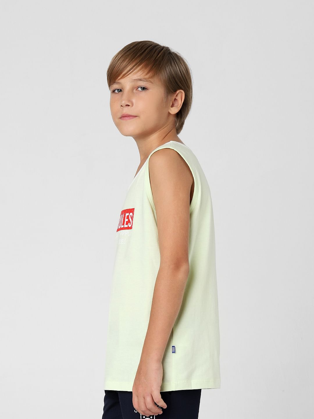Boys Green Printed Sleeveless T-shirt