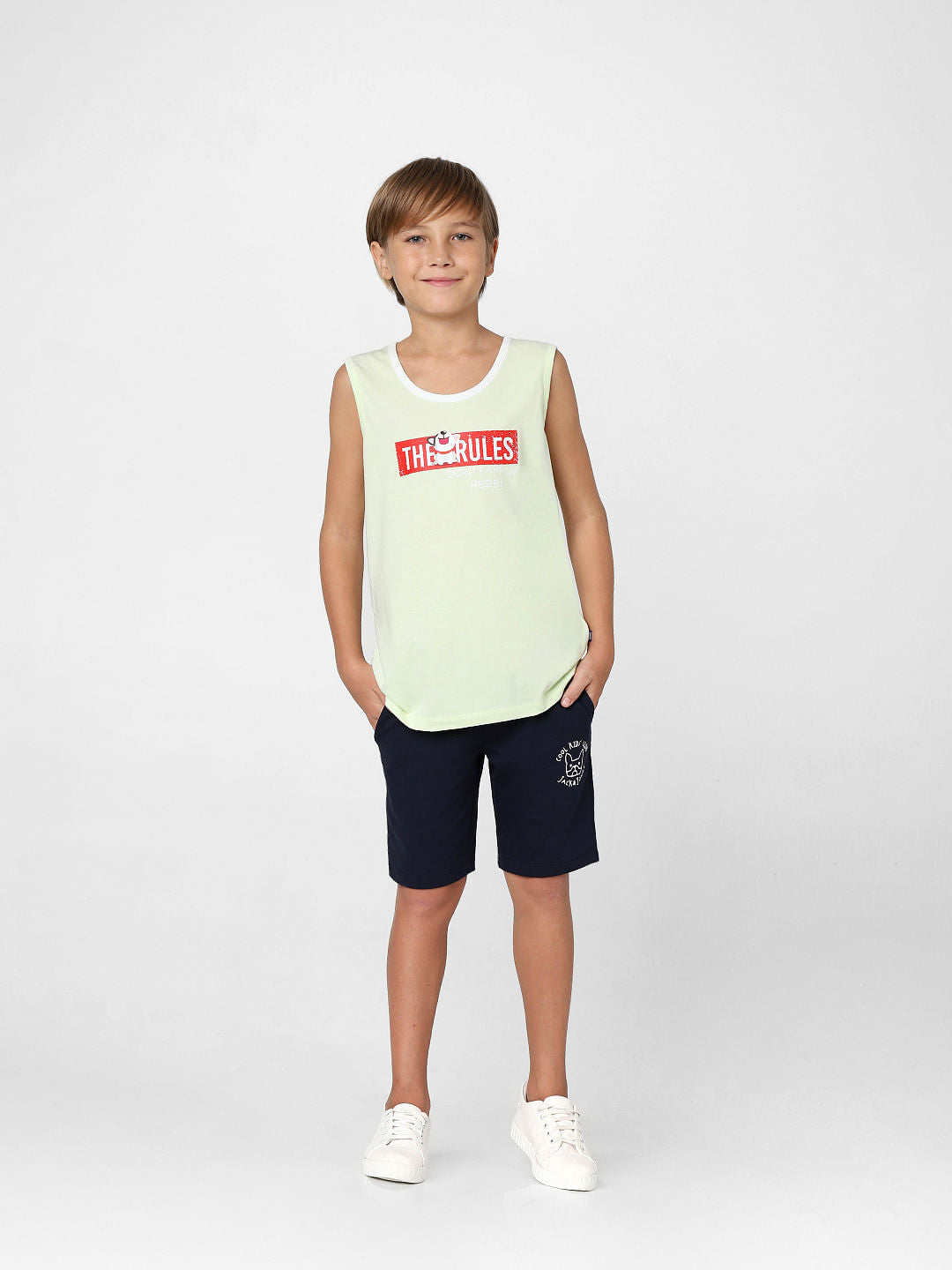 Boys Green Printed Sleeveless T-shirt