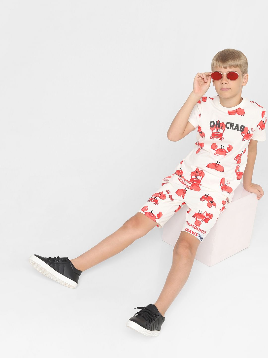 Boys Beige Printed Co-ord Shorts