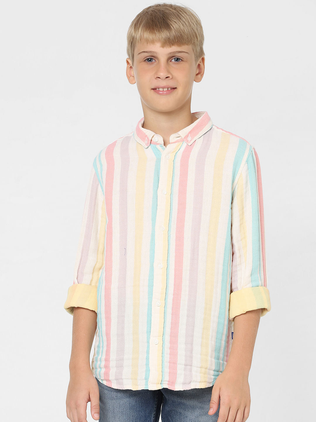 Boys Green Striped Full Sleeves Shirt