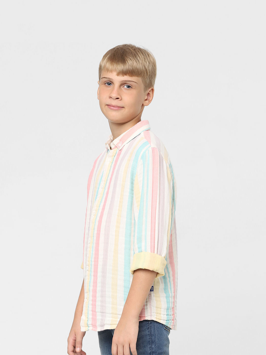 Boys Green Striped Full Sleeves Shirt