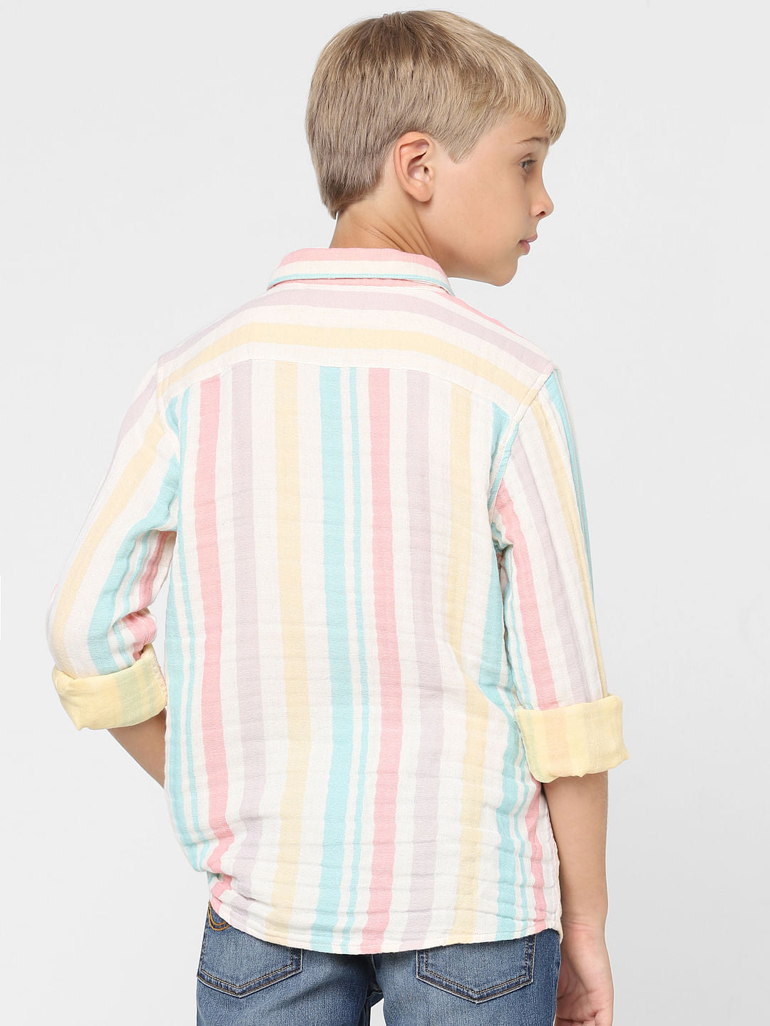 Boys Green Striped Full Sleeves Shirt