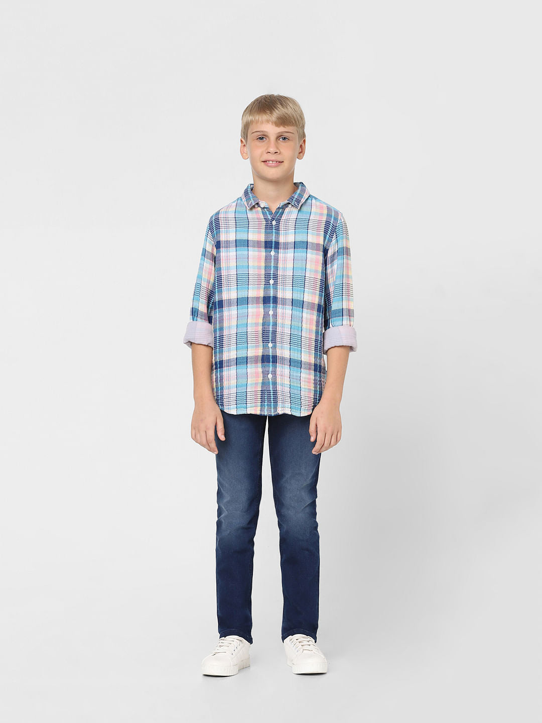 Boys Blue Check Print Full Sleeves Shirt