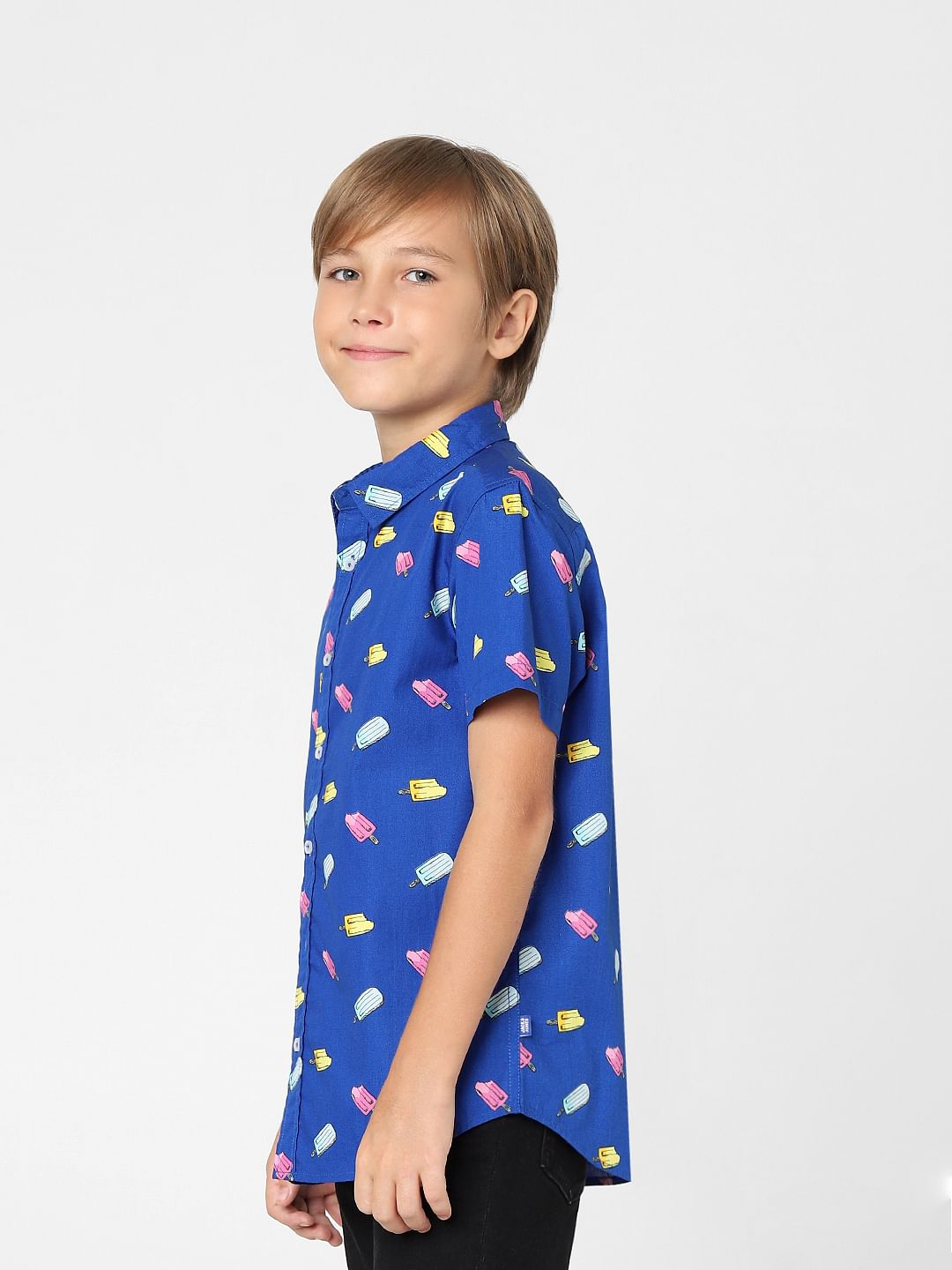 BOYS Blue Printed Short Sleeves Shirt