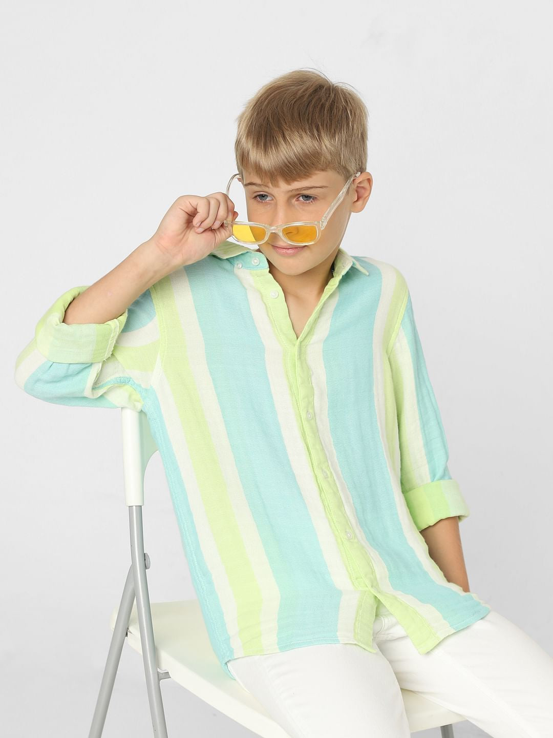 Boys Green Striped Full Sleeves Shirt