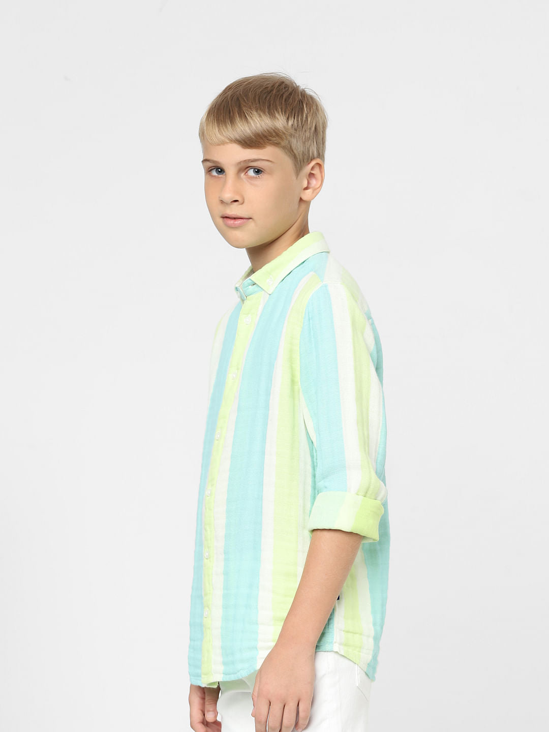 Boys Green Striped Full Sleeves Shirt