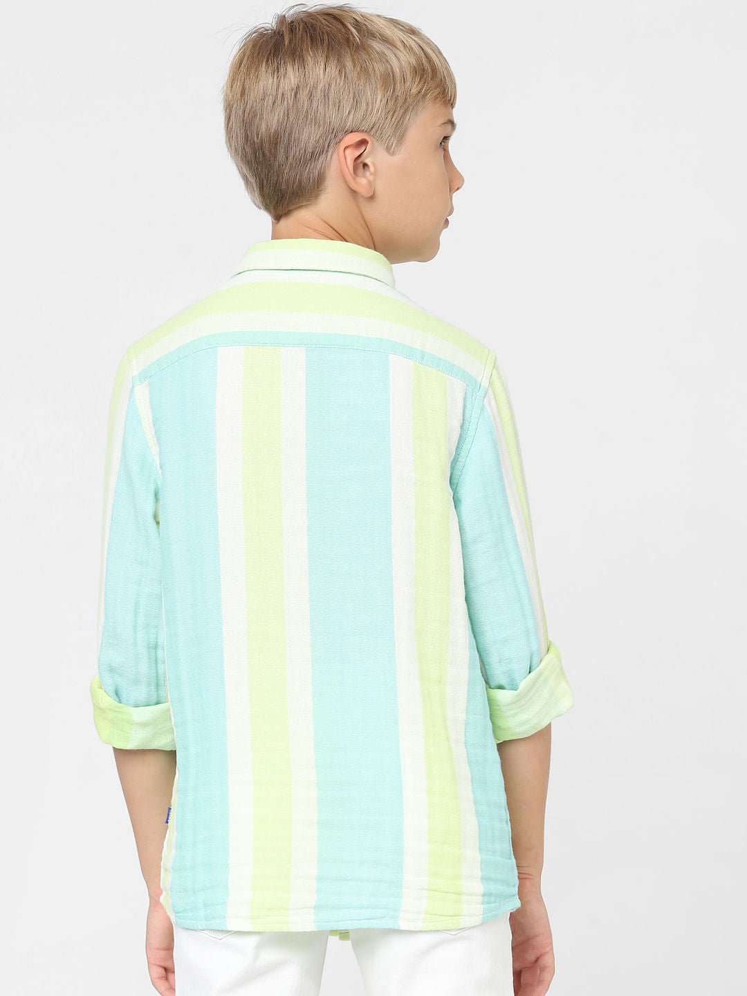 Boys Green Striped Full Sleeves Shirt