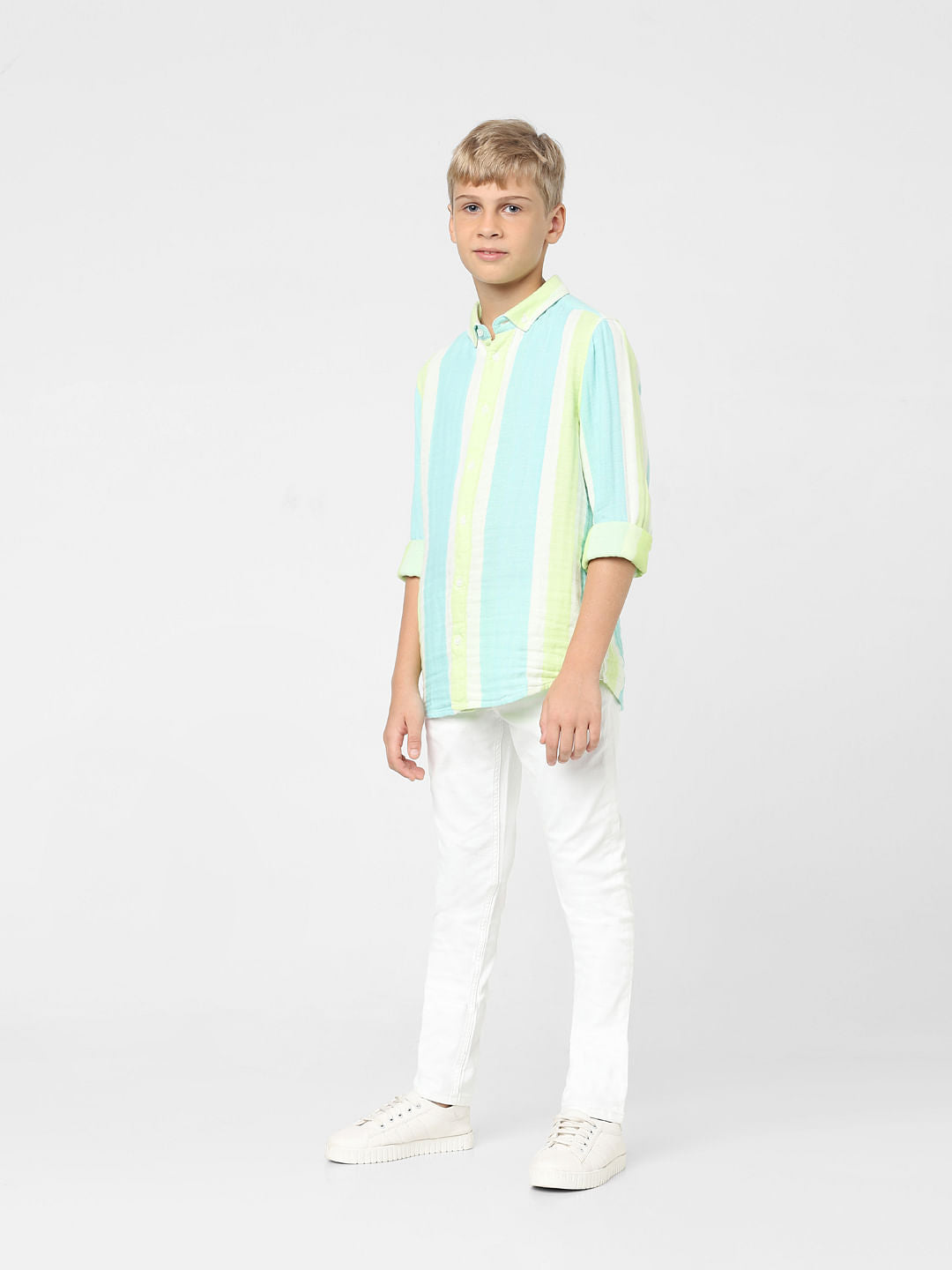Boys Green Striped Full Sleeves Shirt