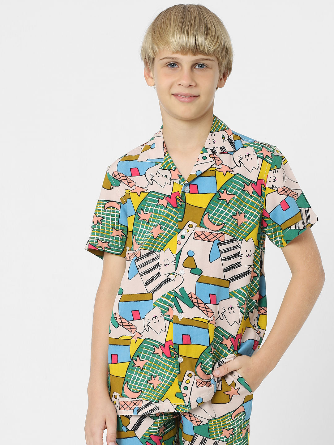 BOYS Green Printed Co-ord Set Shirts