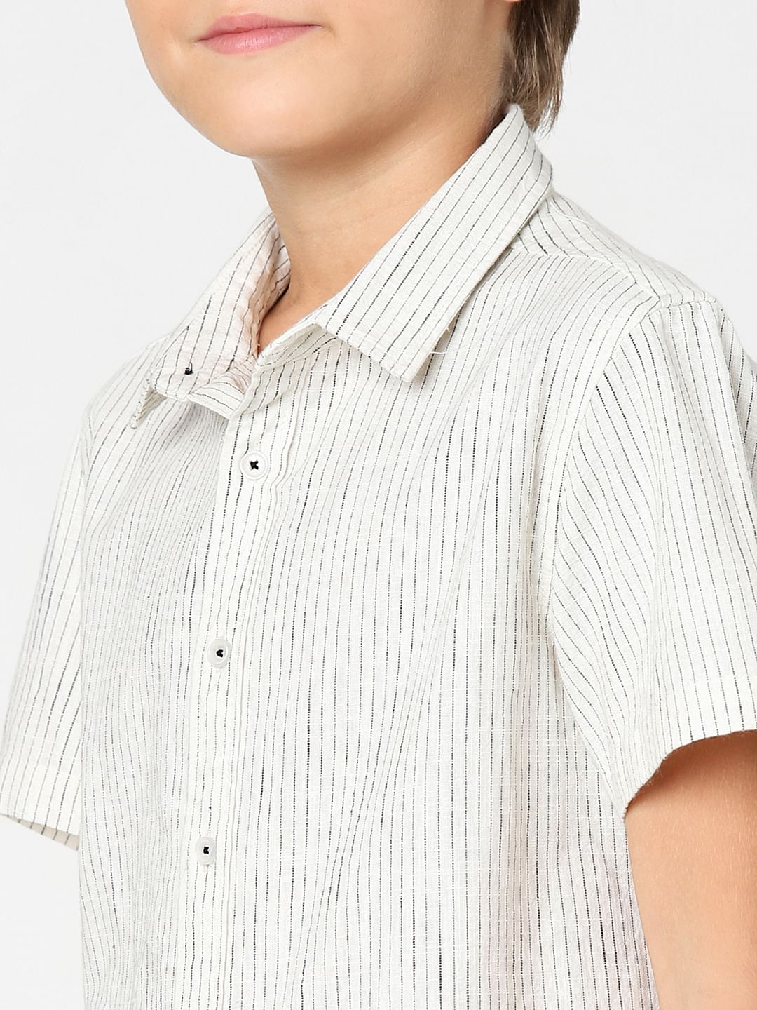 Boys White Striped Short Sleeves Shirt