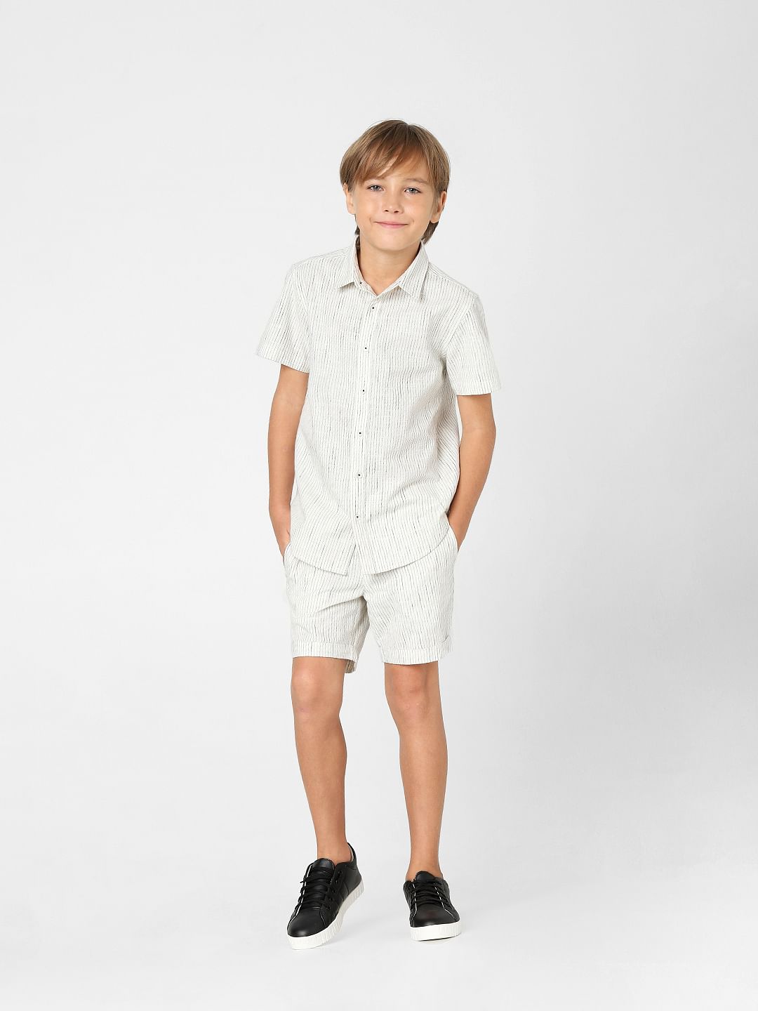 Boys White Striped Short Sleeves Shirt
