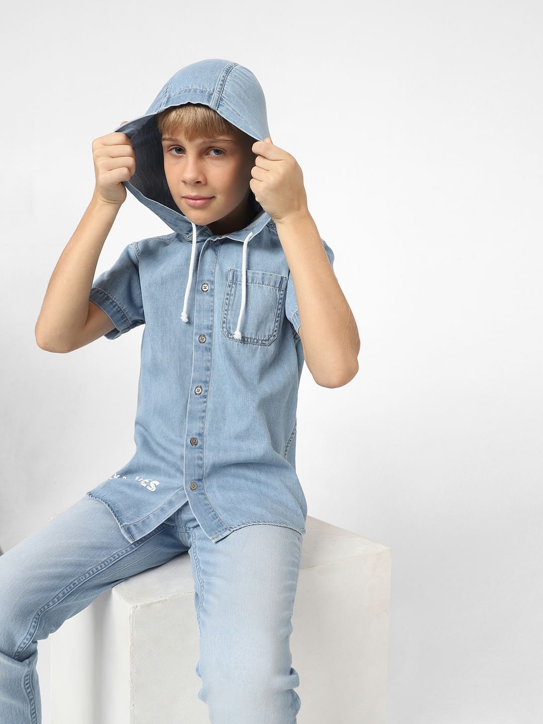 Boys Blue Hooded Denim Shirt