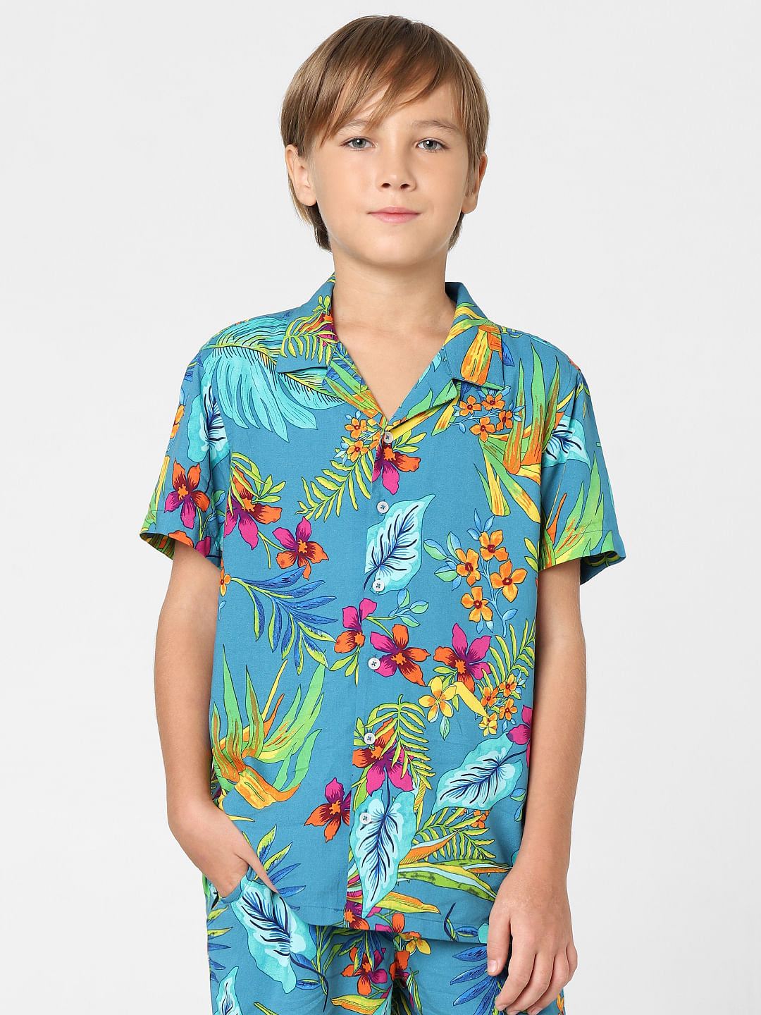 Boys Green Printed Short Sleeves Shirt