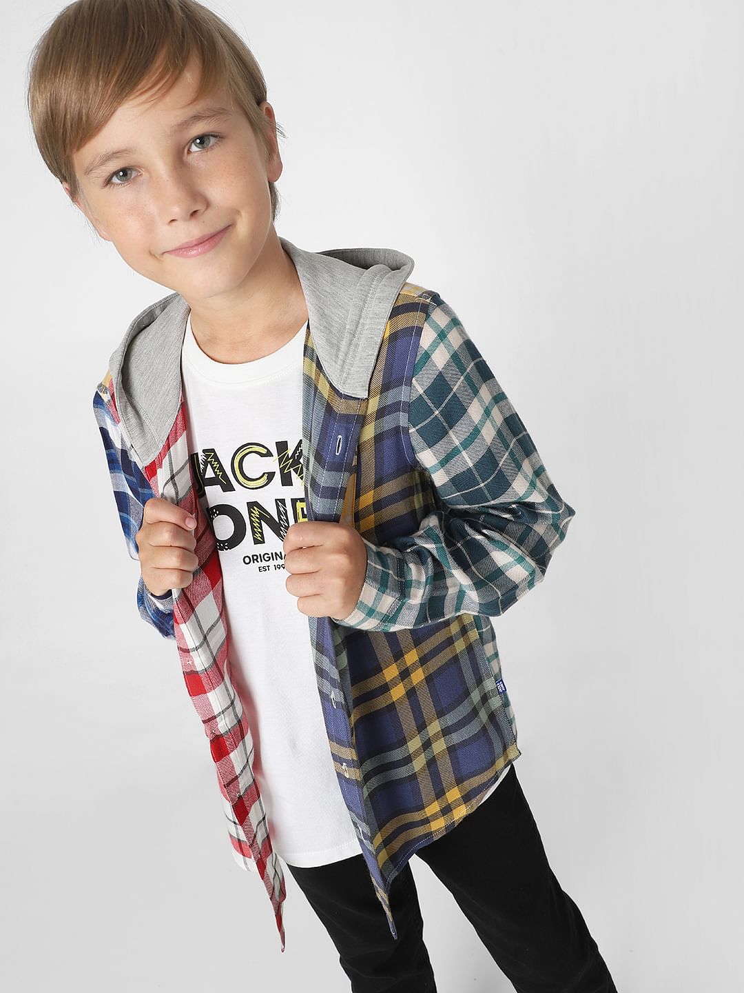 Boys Blue Check Hooded Shirt