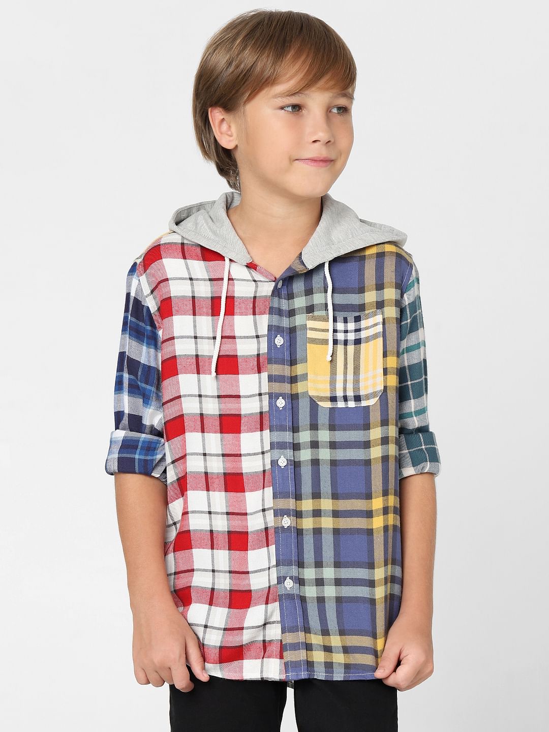 Boys Blue Check Hooded Shirt