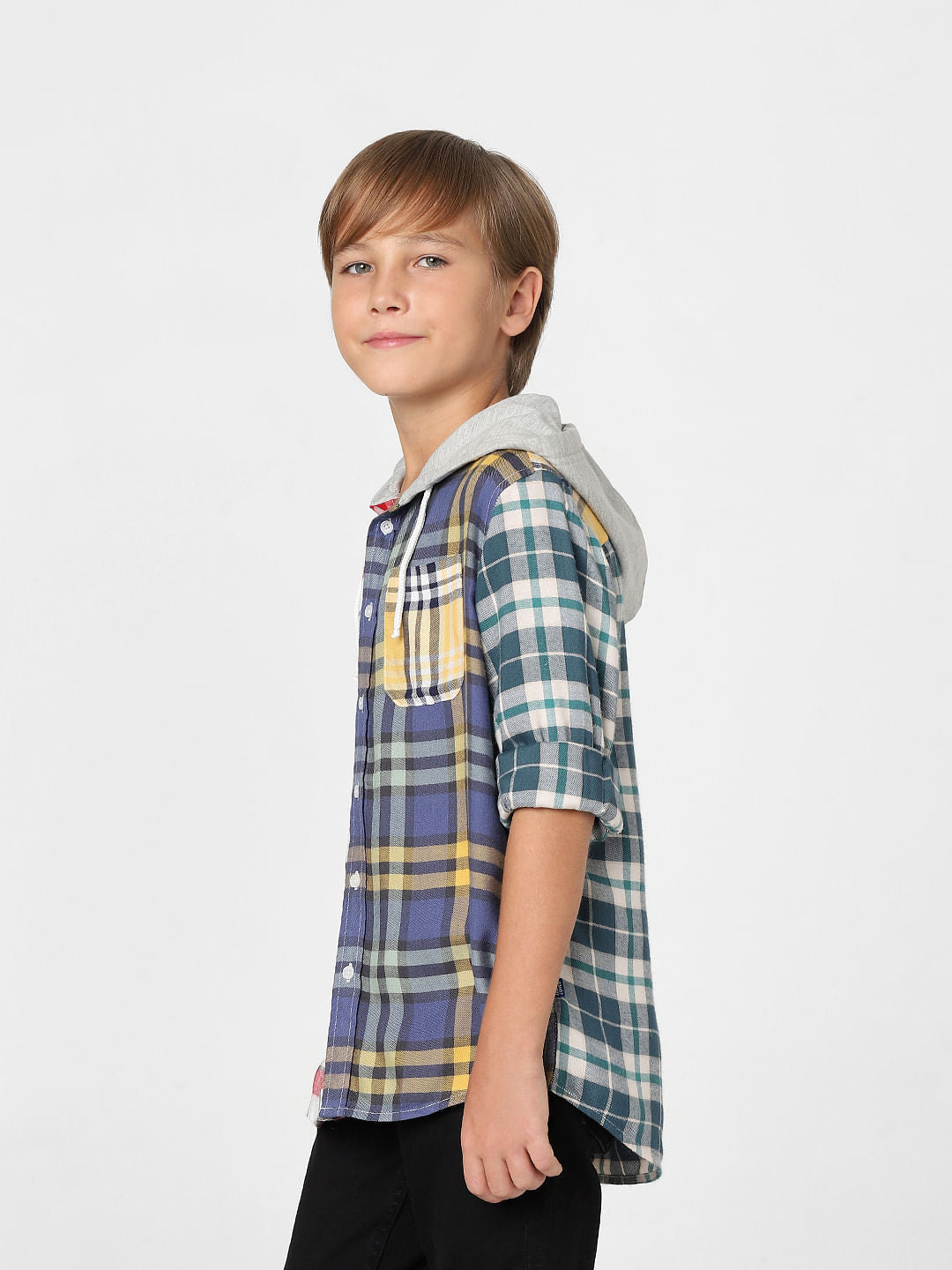 Boys Blue Check Hooded Shirt
