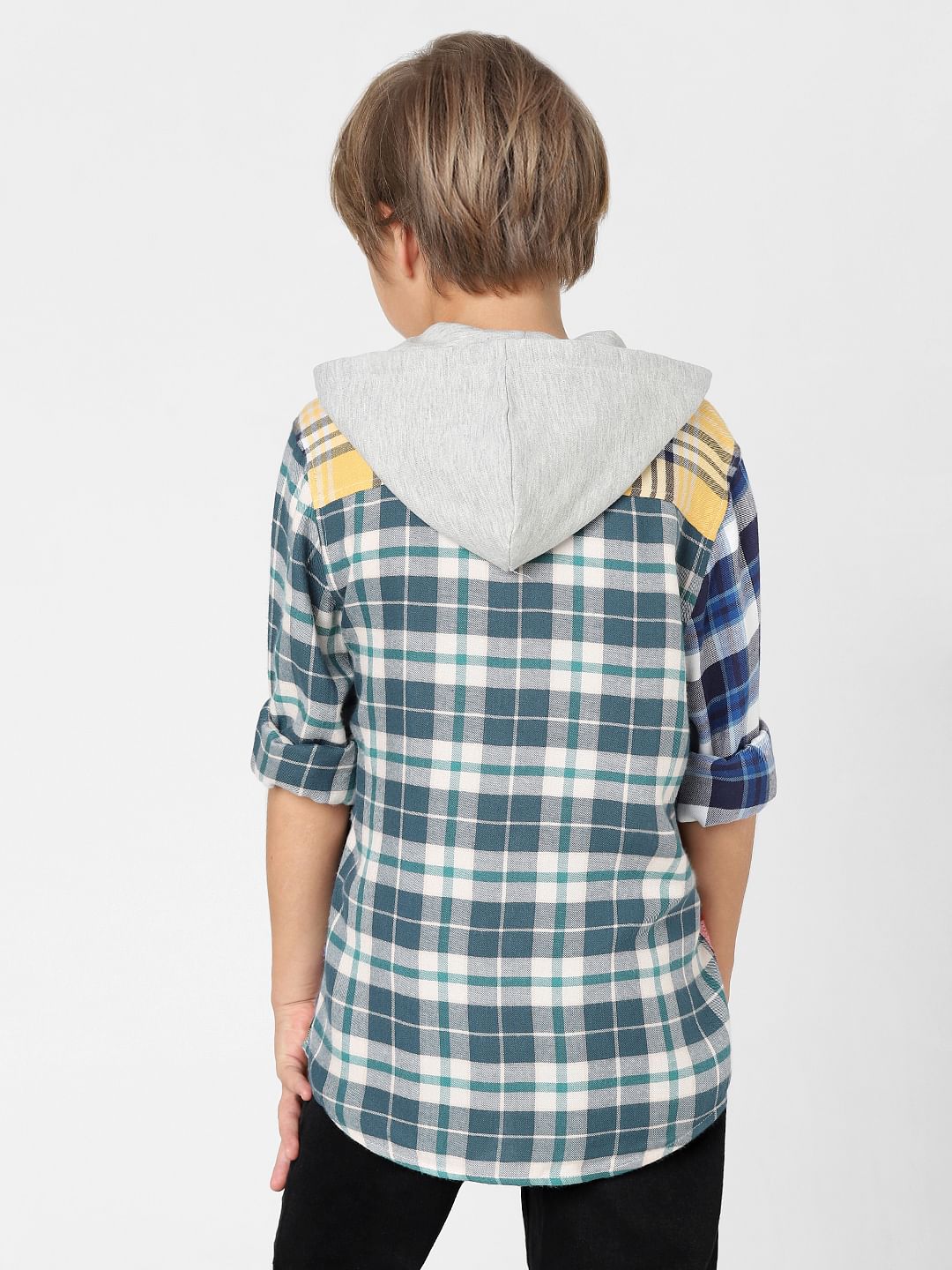 Boys Blue Check Hooded Shirt