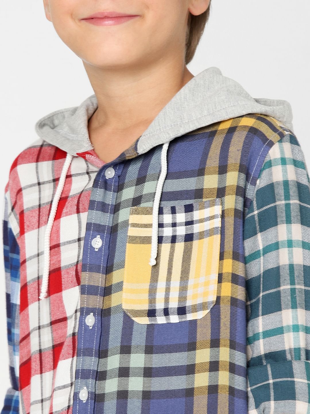 Boys Blue Check Hooded Shirt