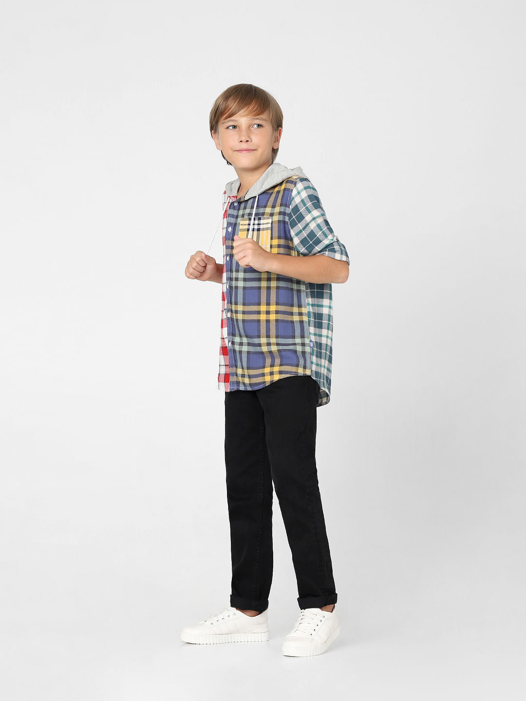 Boys Blue Check Hooded Shirt