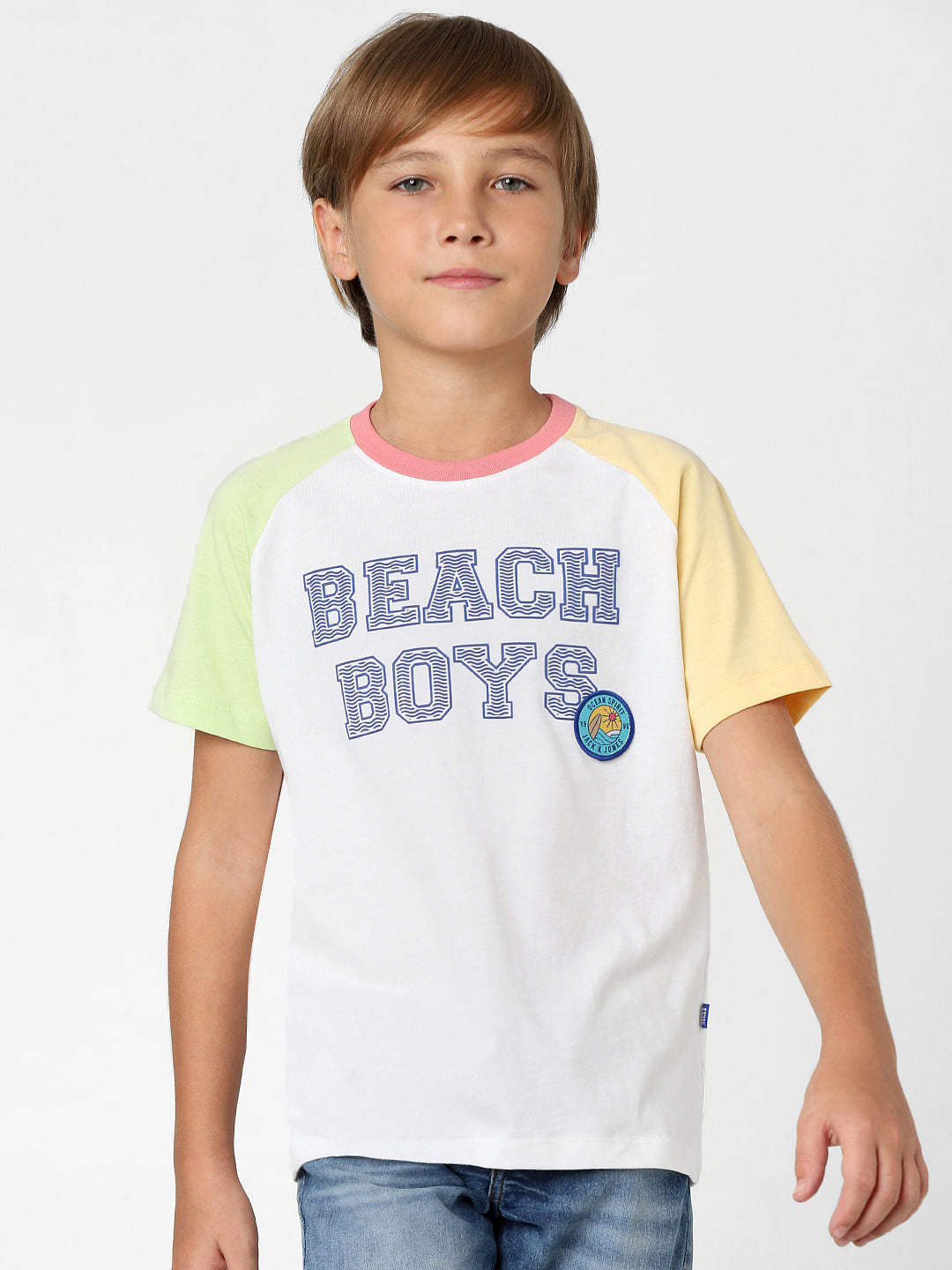Boys White Colourblocked Crew Neck T-shirt