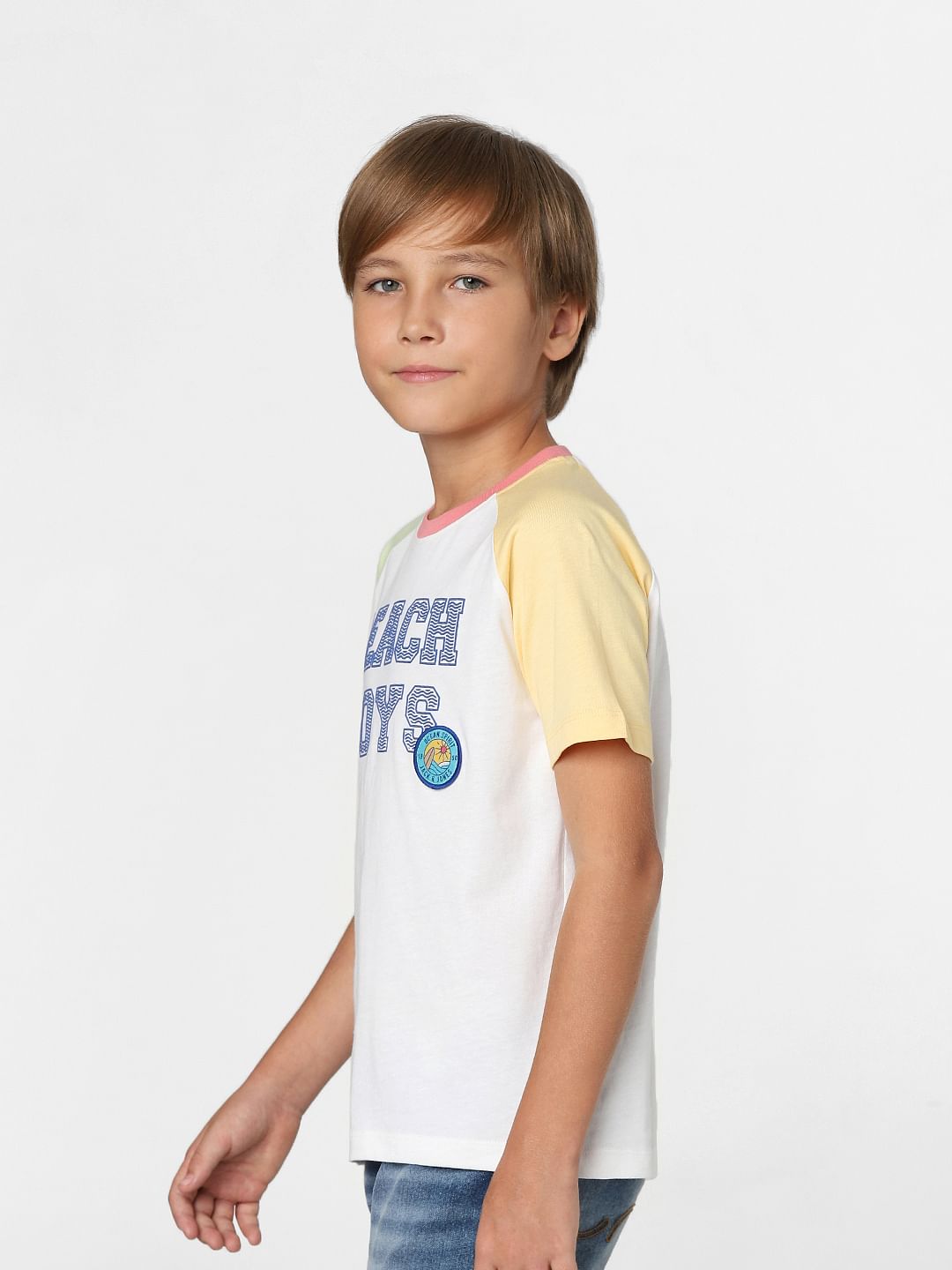Boys White Colourblocked Crew Neck T-shirt