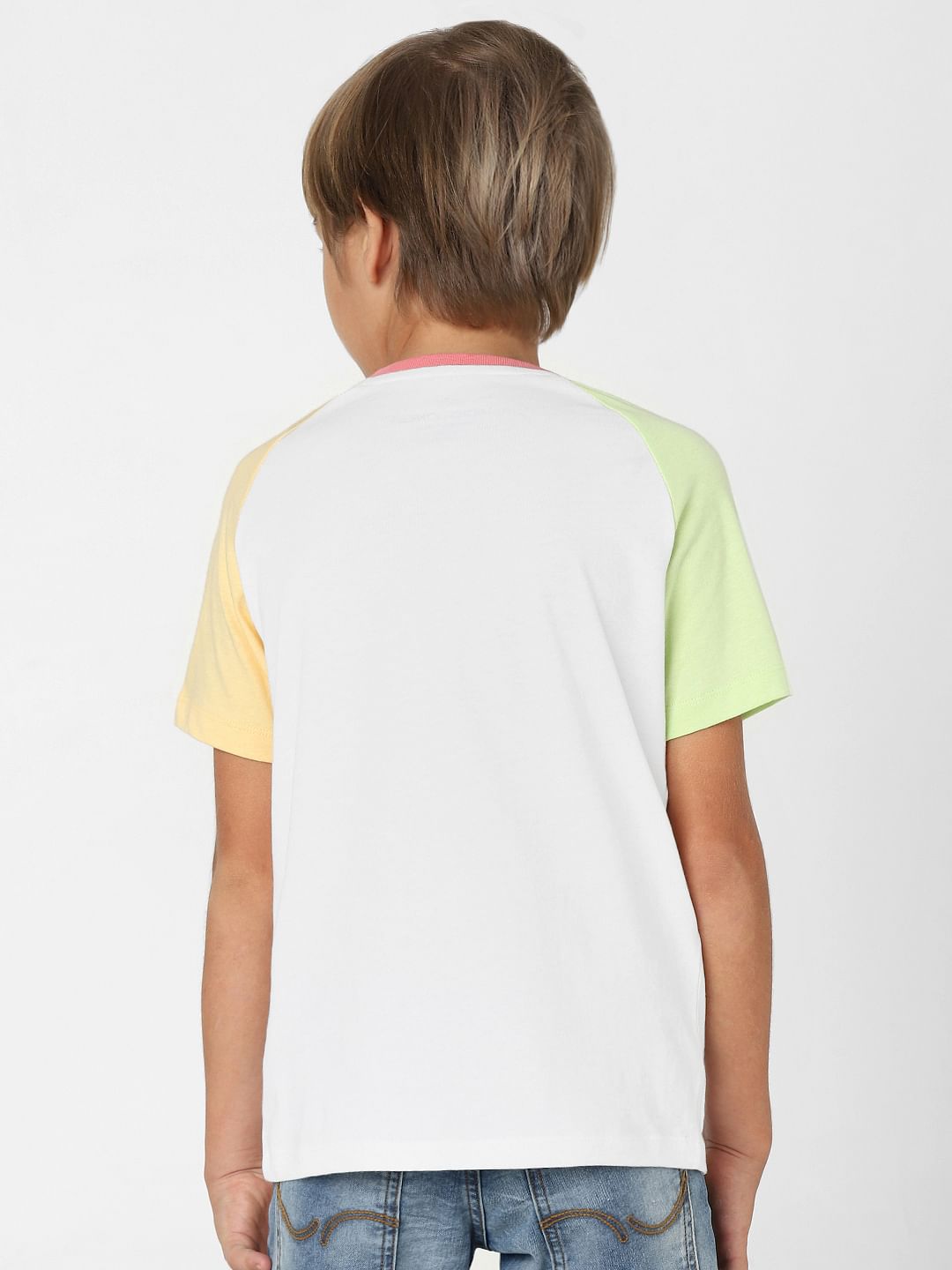 Boys White Colourblocked Crew Neck T-shirt