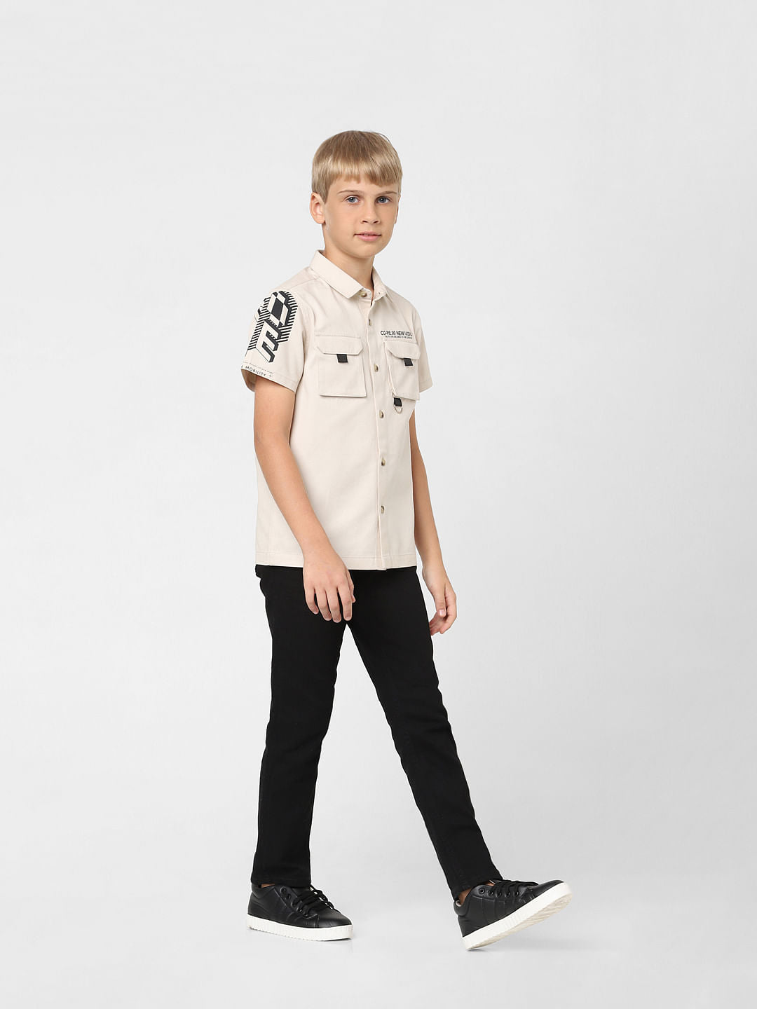 Boys Beige Printed Short Sleeves Shirt