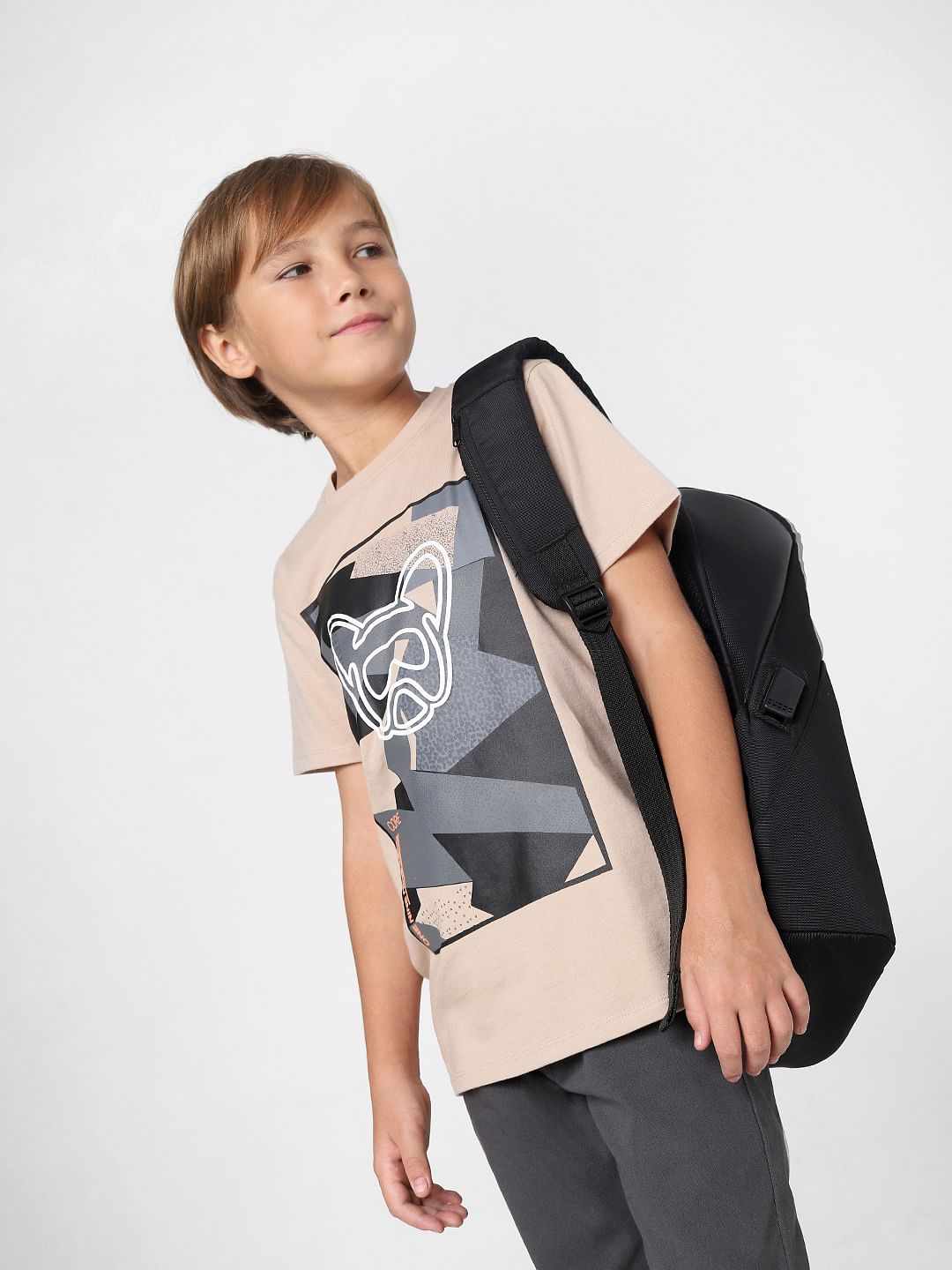 BOYS Beige Graphic Print Crew Neck T-shirt