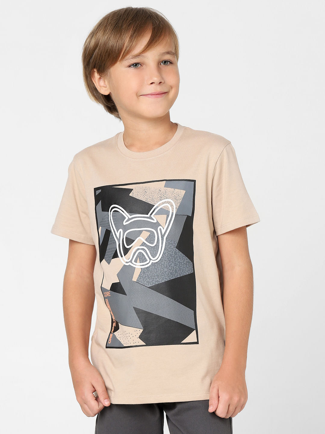 BOYS Beige Graphic Print Crew Neck T-shirt