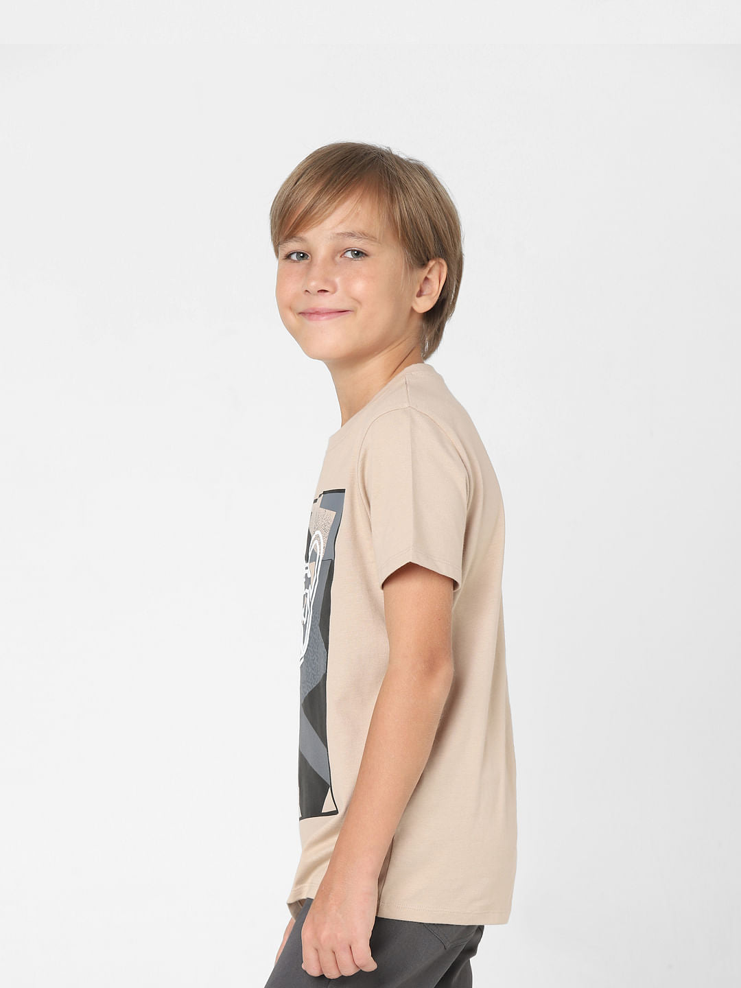 BOYS Beige Graphic Print Crew Neck T-shirt