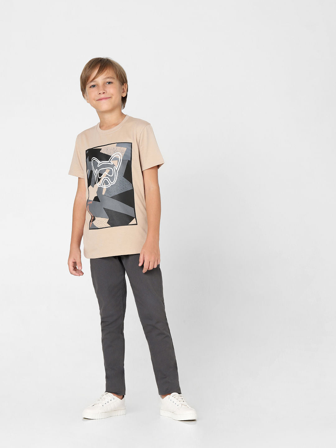 BOYS Beige Graphic Print Crew Neck T-shirt