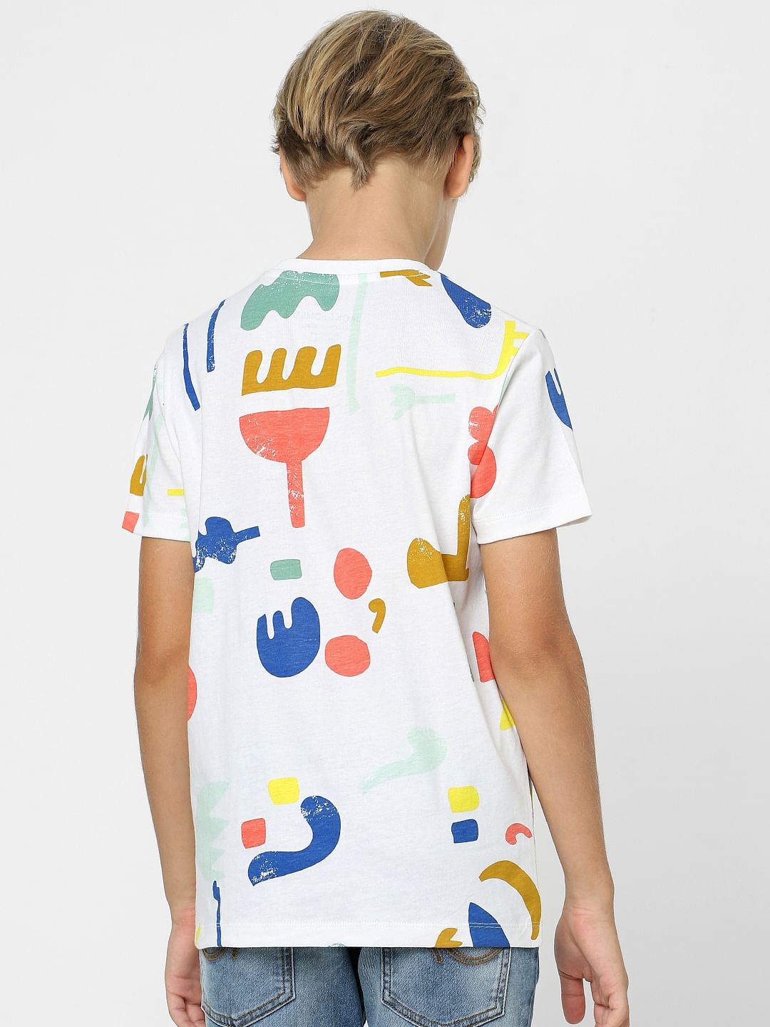 Boys White Abstract Print Crew Neck T-shirt