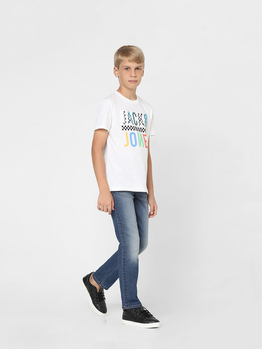 Boys White Logo Print Crew Neck T-shirt