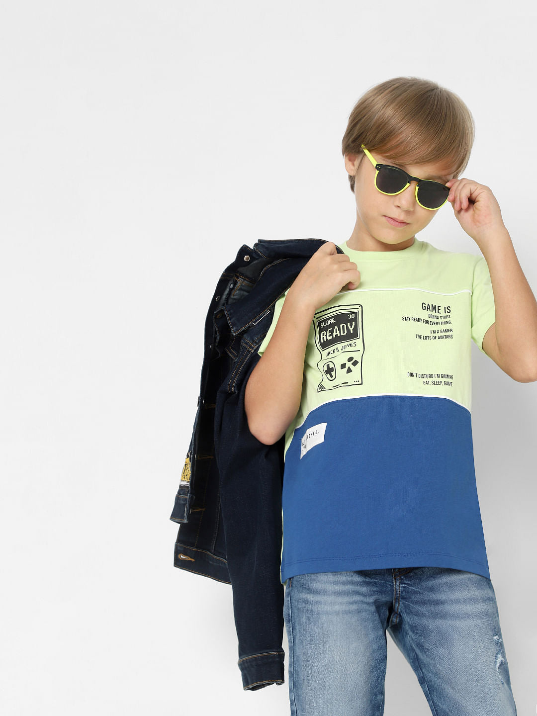 Boys Green Colourblocked Crew Neck T-shirt