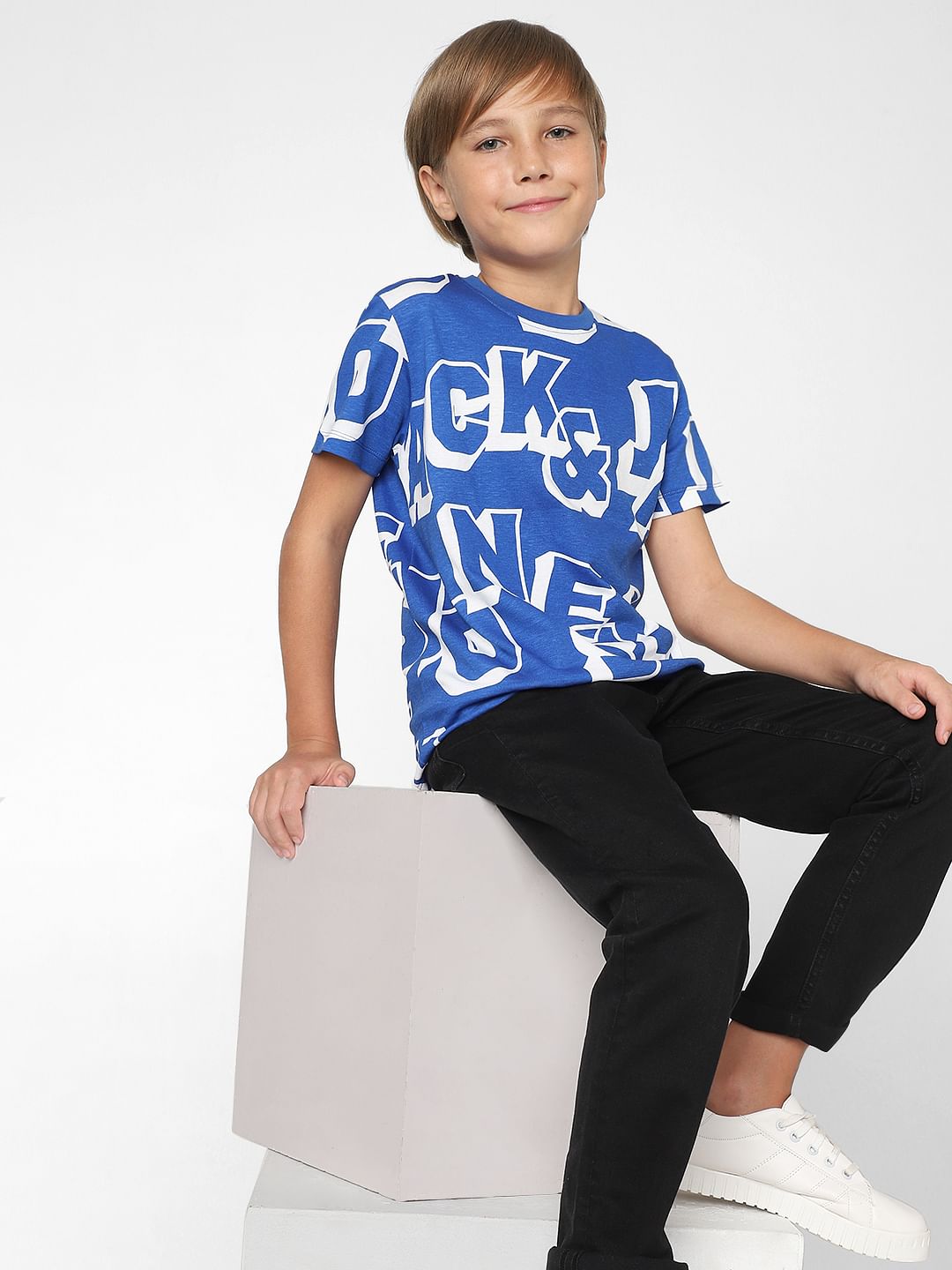 Boys Blue Typographic Print Crew Neck T-shirt