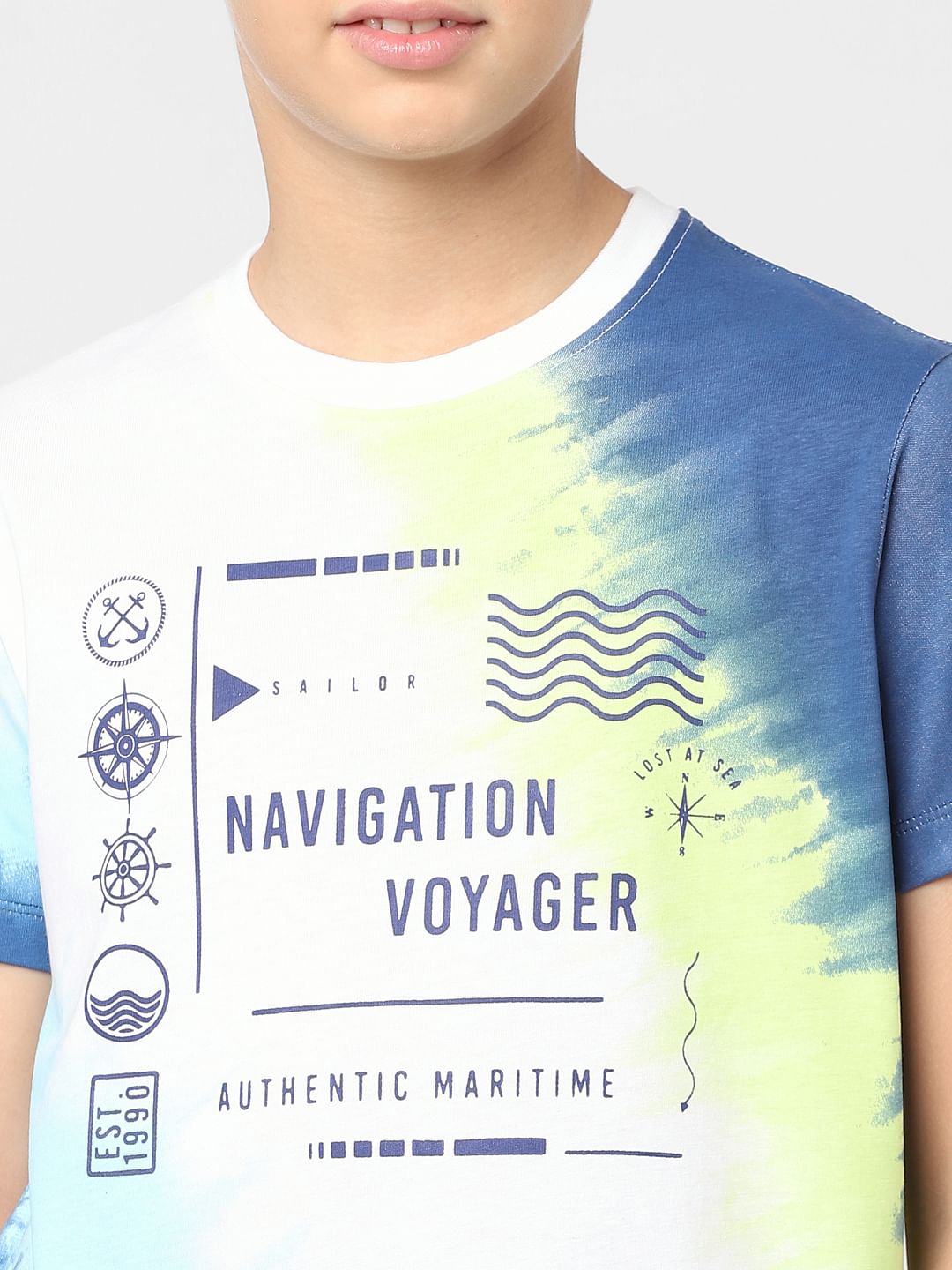 Boys White Printed Crew Neck T-shirt