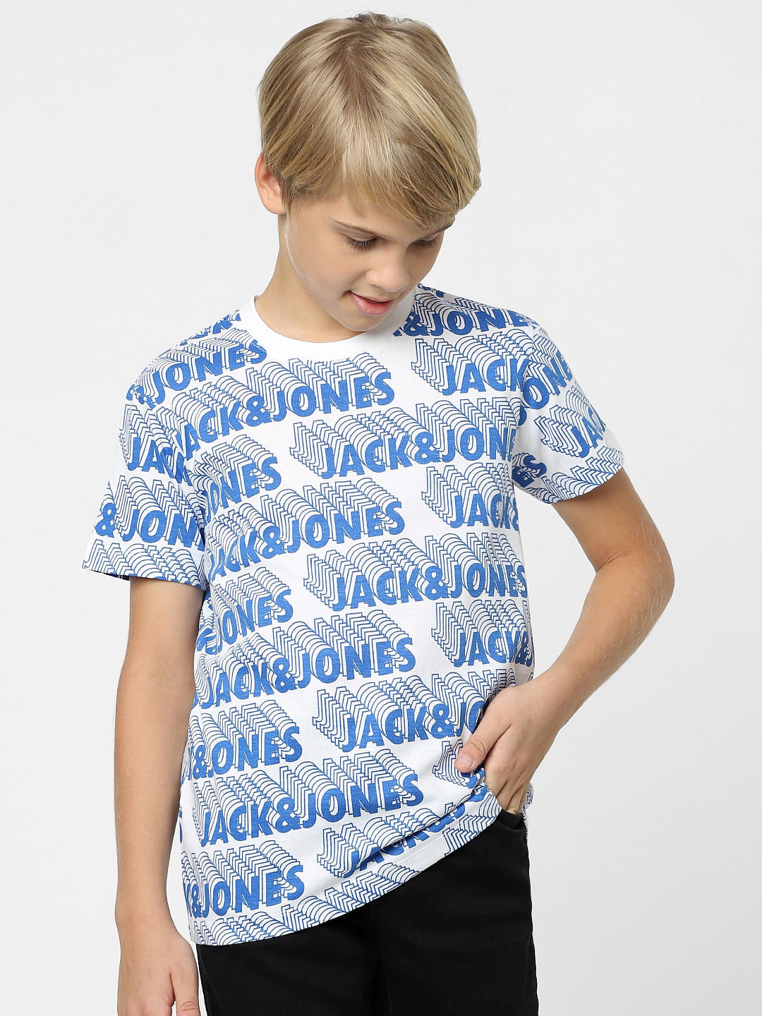 Boys White Logo Print Crew Neck T-shirt