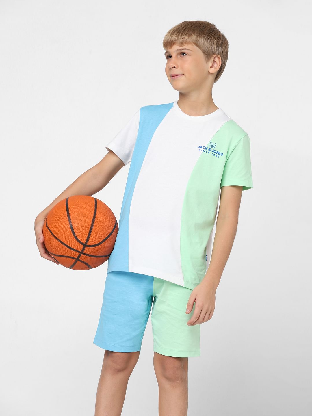 Boys White Colourblocked Crew Neck T-shirt