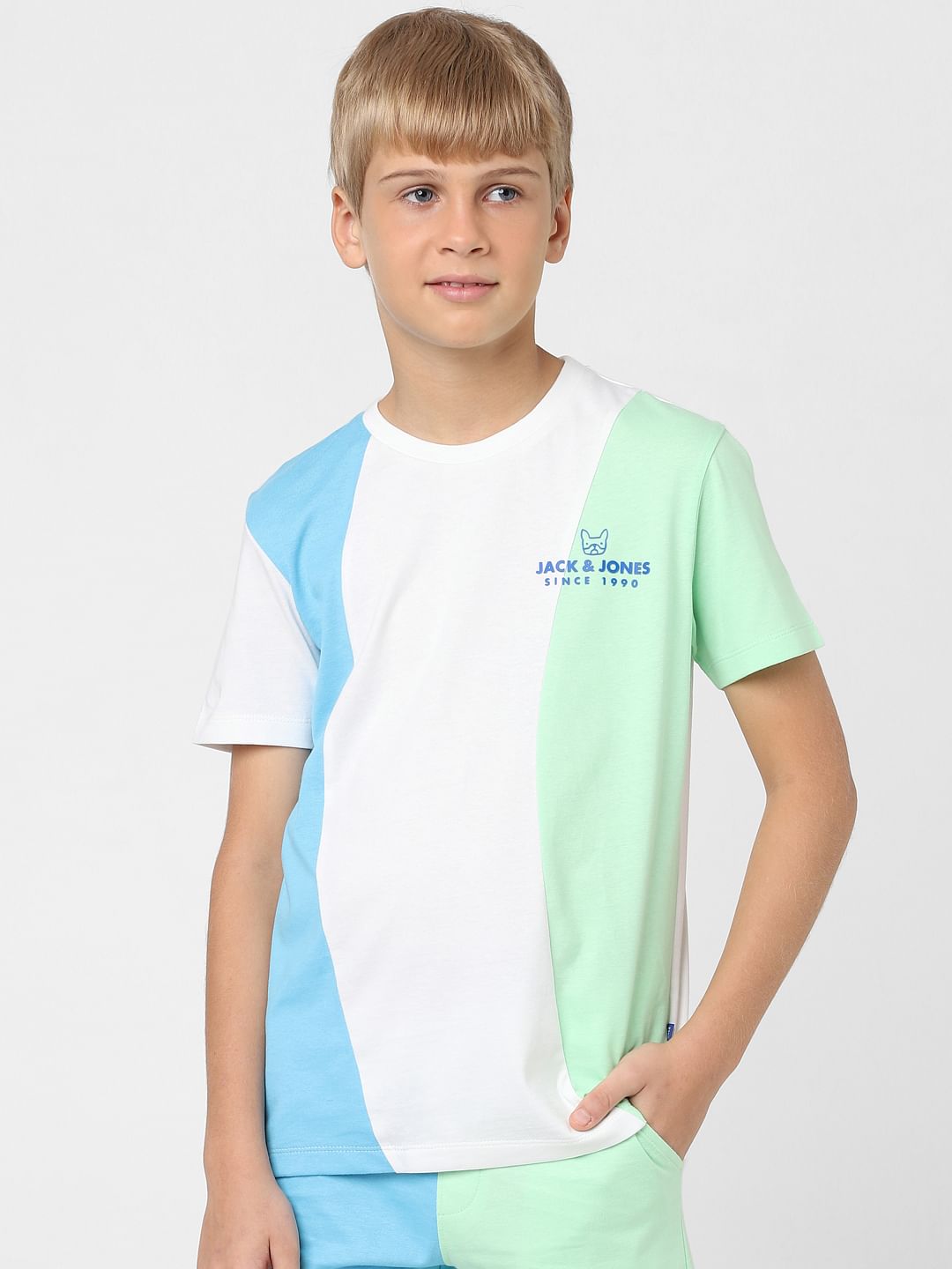Boys White Colourblocked Crew Neck T-shirt