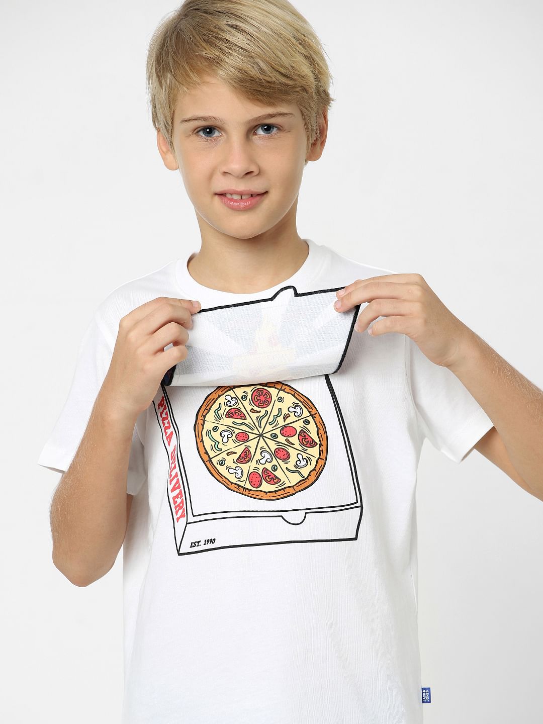 Boys White 3D Pizza Print T-shirt